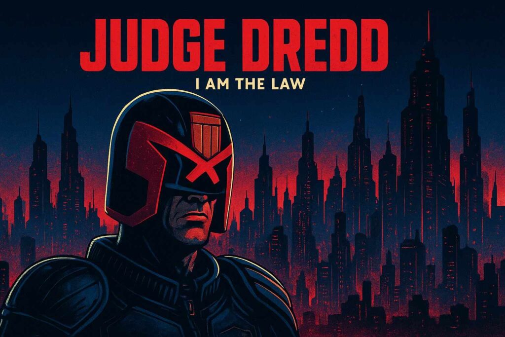 Visuel du Judge Dredd sur fond sombre, son visage est caché par son casque et l'inscription I am the law est indiqué sous les mots Judge Dredd en gros et en rouge