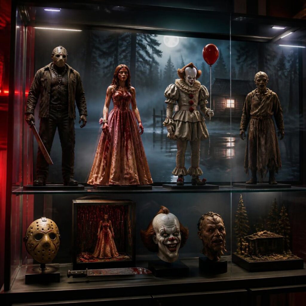 voici une vitrine représentant des statuettes et figurines de personnages des films d'horreur célèbres